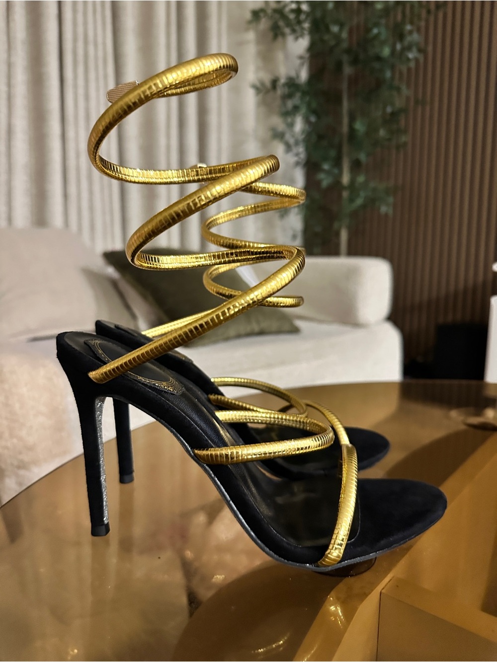 Gold Spiral Wrap High Heel Sandals - Women's Black & Gold